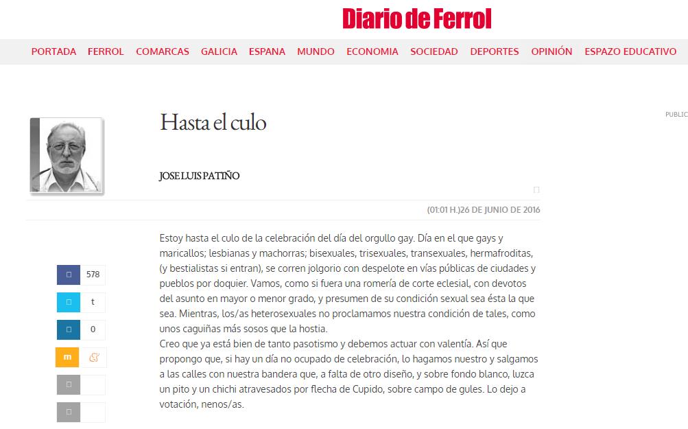 Captura de pantalla del polémico artículo "Hasta el culo", escrito por José Luis Patiño