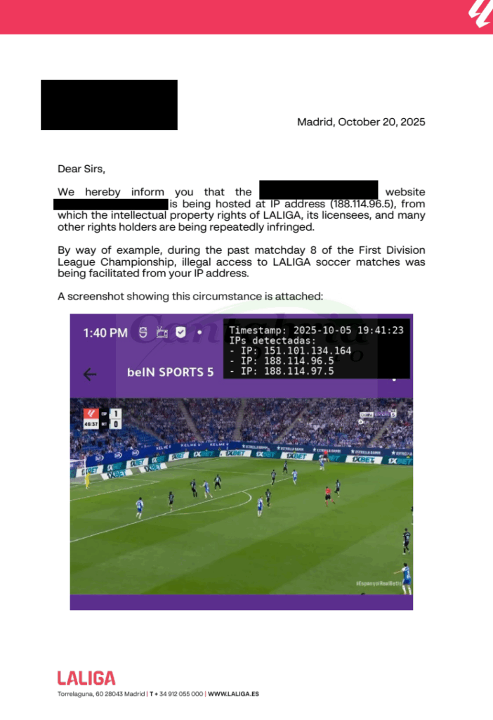 En la imagen otra comunicación, en inglés, que LALIGA envía a dominios legítimos para presionar que abandonen CloudFlare, ilustrada con una vulgar captura de pantalla con presuntas infracciones de propiedad intelectual