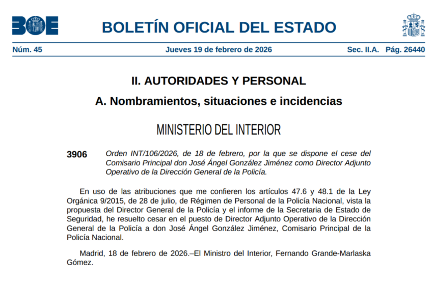  El BOE publica el cese del jefe DAO de la Policía Nacional