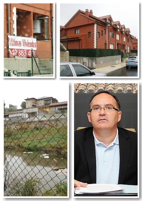 Fotografía: La promotora aún intenta vender las viviendas de la urbanización Pradogrande. Abajo, frente a un terreno encharcado, la finca colindante a viviendas afectadas por las obras, y el alcalde de Reocín, Germán Fernández (PSOE)