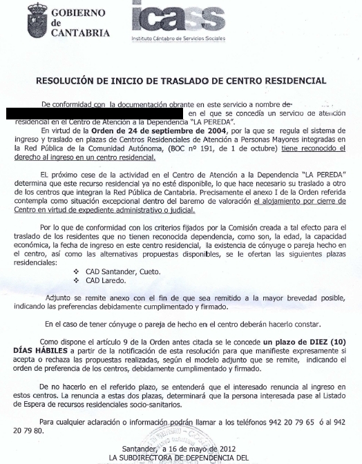 El gobierno de Cantabria (PP) comunica por carta el traslado a los propios ancianos
