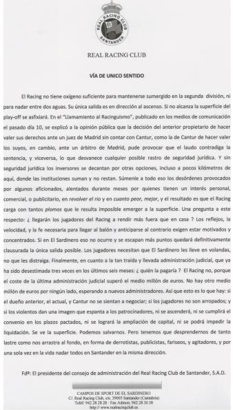 Comunicado del Racing de Santander