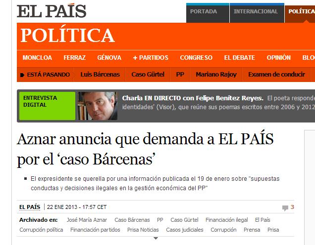 Aznar anuncia una querella contra el diario El País por el caso Bárcenas