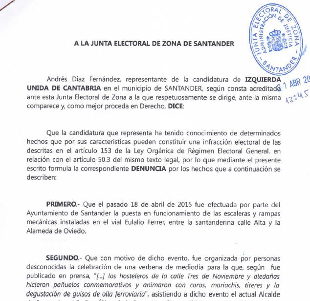 IU denuncia al Alcalde de Santander ante la Junta Electoral por inaugurar unas escaleras mecánicas