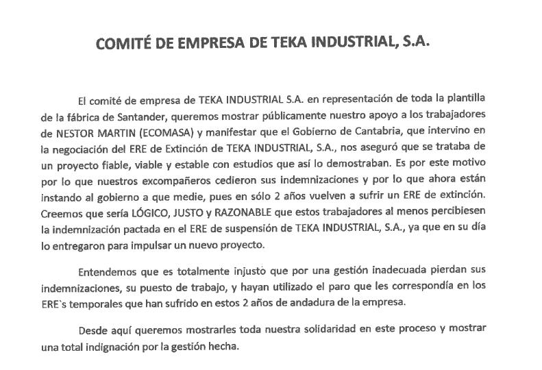  Los trabajadores de Teka se solidarizan con los trabajadores de Nestor Martin