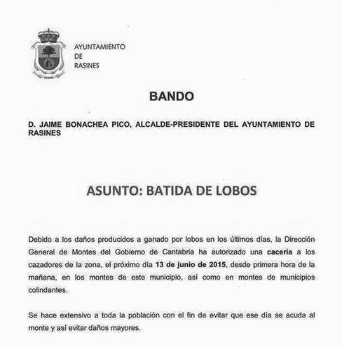 Bando de la Alcaldía de Rasines anunciando la cacería de lobos