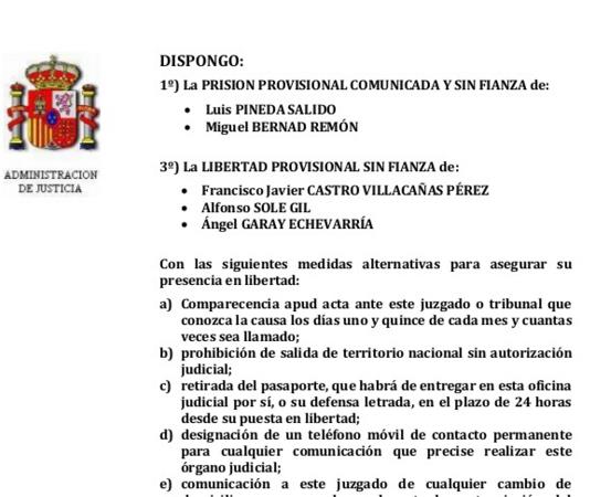 Orden de ingreso en prisión de Luis Pineda y Miguel Bernad