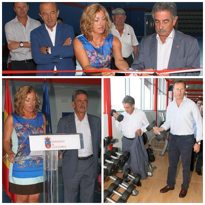 Inaugurado el polideportivo de Requejada / Revilla y Díaz cortan la cinta inaugural. Revilla probó varios de los aparatos deportivos.