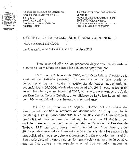La Fiscalía archiva la denuncia del actual alcalde de Astillero por el pago de la productividad a cuatro policías locales