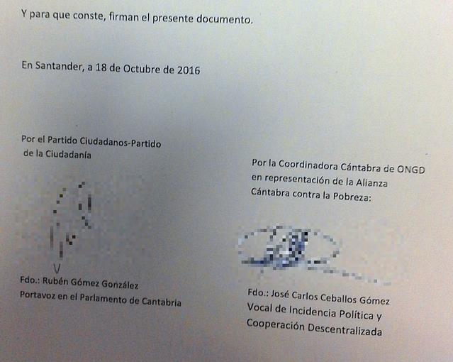 «El Diario Cantabria» vuelve a mentir: Ciudadanos sí firmó el compromiso político de lucha contra la pobreza / Imagen con la firma del portavoz de Ciudadanos (pixeladas por privacidad)