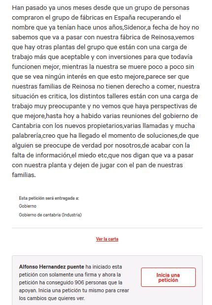 Trabajadores de Sidenor impulsan una petición de firmas "Por nuestro futuro laboral en Reinosa"