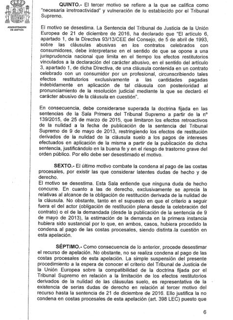 Los clientes no podrán cobrar costas en los recursos de cláusulas suelo anteriores a la decisión del TJUE