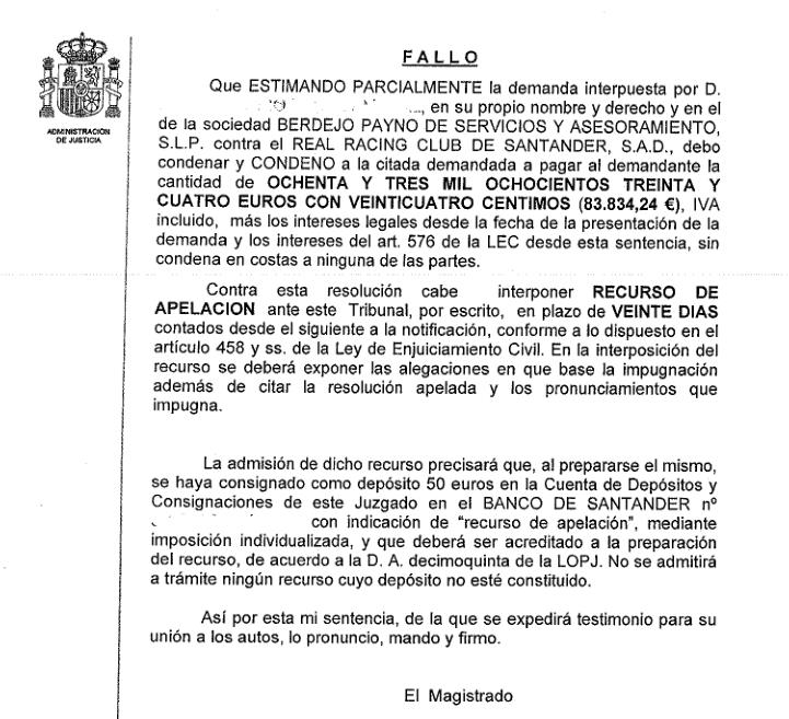  El Racing, condenado a pagar más de 83.000 euros a Juan Antonio Berdejo