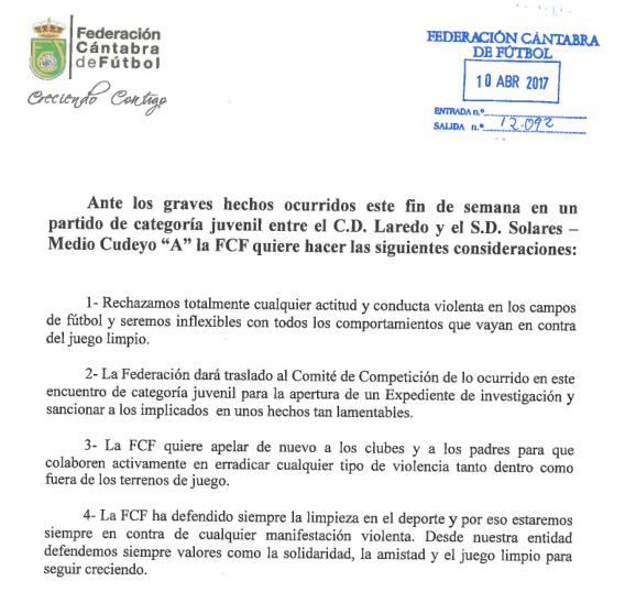 La Federación Cántabra de Fútbol rechaza los incidentes en un partido juvenil