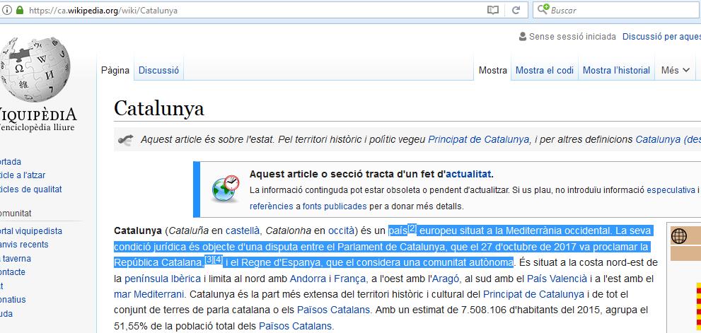 Vandalizan la versión catalana de la Wikipedia para escribir que Cataluña "es un país"