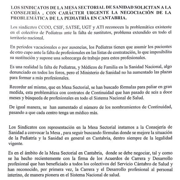 Los sindicatos reclaman la convocatoria «urgente» de la Mesa Sectorial para resolver el problema de la pediatría en Cantabria