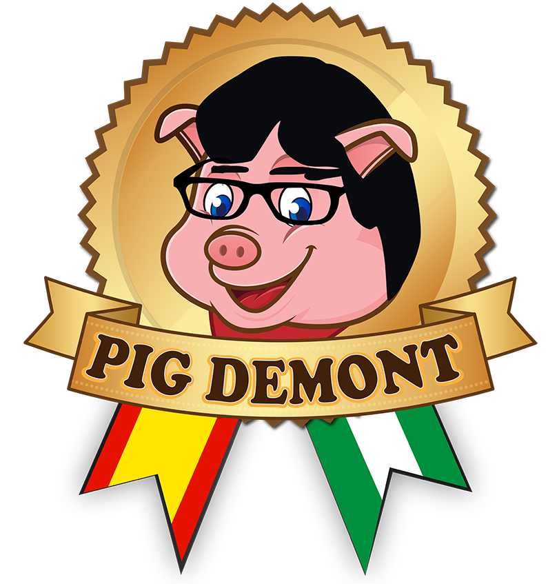 El logotipo de la marca "Pig Demont" en el que se ve un cerdo sonriente con gafas y pelo negro