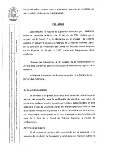 UGT exige a AMPROS el pago del complemento salarial que la justicia no permite compensar con la subida del SMI