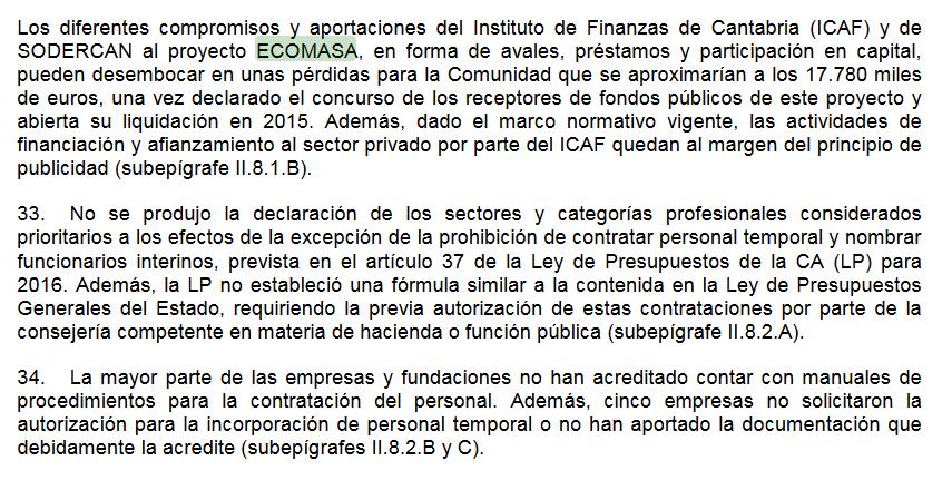 El informe del Tribunal de Cuentas señala que Cantabria podría registrar pérdidas de 18 millones de euros por ECOMASA