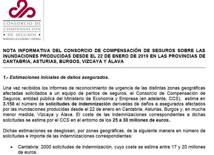 El Consorcio de Compensación de Seguros estima entre 17 y 20 millones de euros las indemnizaciones por las inundaciones en Cantabria