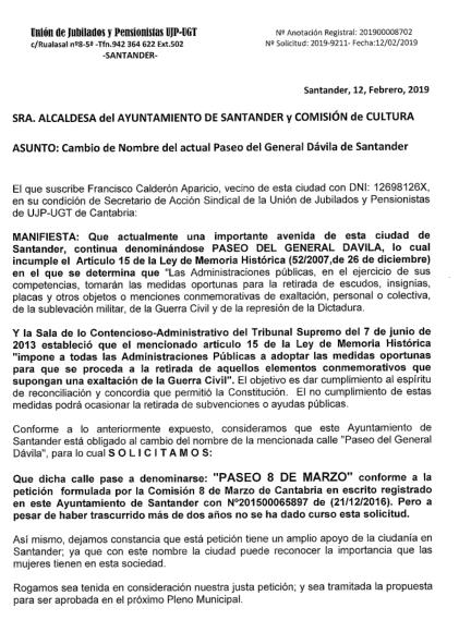 UGT pide al Ayuntamiento de Santander que el "Paseo de General Dávila" pase a denominarse "Paseo 8 de Marzo"