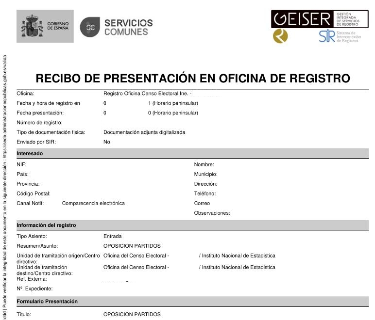 Recibo de la solicitud de exclusión de los envíos de propaganda electoral de los partidos políticos