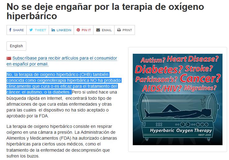El tratamiento en una cámara hiperbárica no cura ni previene el autismo o la diabetes, asegura la FDA.