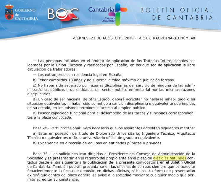 En la imagen, el plazo de diez días naturales para presentar candidaturas para la SRECD, que incluyó dos fines de semana y un día festivo en Santander - El PP ve un 'engaño' en el proceso para elegir a los directores de las empresas públicas