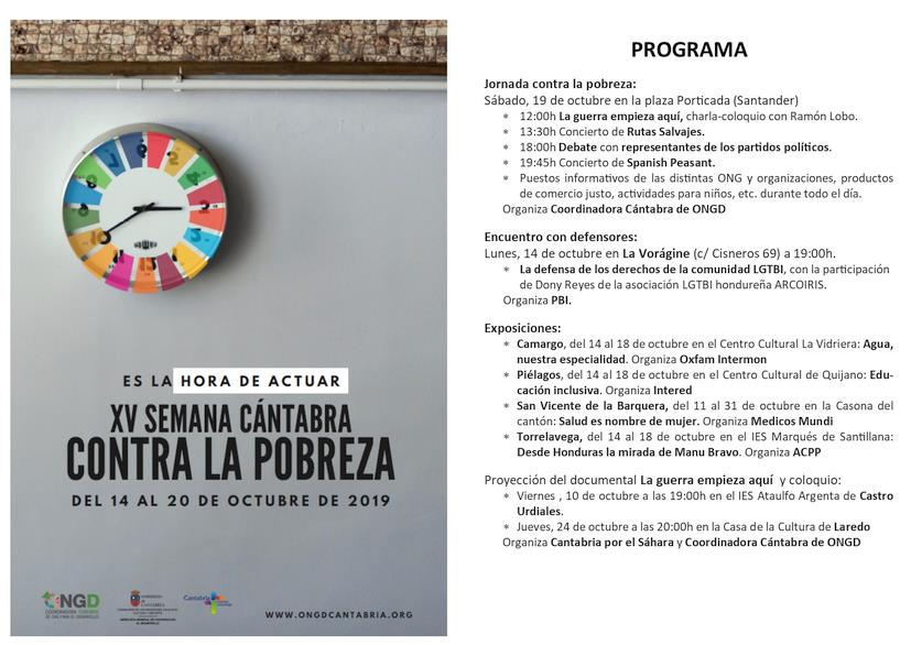 La Coordinadora Cántabra de ONGD celebra la XV Semana Cántabra contra la Pobreza bajo el lema “Es la hora de actuar”