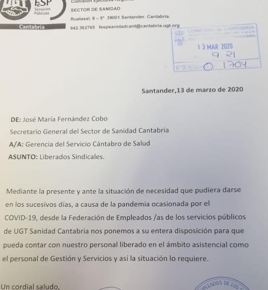 UGT ofrece a la Consejería de Sanidad sus liberados sindicales para reforzar las plantillas sanitarias por el coronavirus