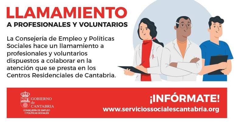 Llamamiento a profesionales dispuestos a colaborar en la atención que se presta en los centros residenciales de Cantabria