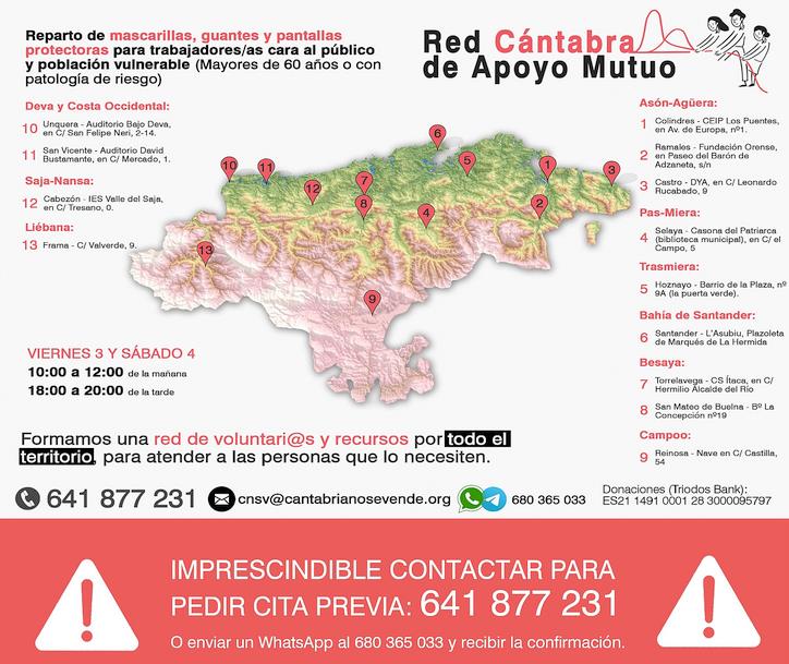 La Red Cántabra de Apoyo Mutuo repartirá viernes y sábado mascarillas y material protector a población vulnerable y trabajadores cara al público