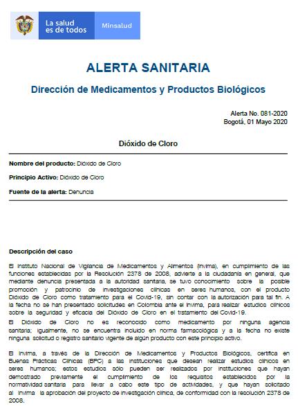 Colombia también alerta sobre el dióxido de cloro, falso remedio contra el coronavirus promocionado por una secta y prohibido por las autoridades