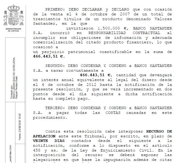  Nueva condena contra el Banco Santander por ‘incumplir sus obligaciones de información y adecuada comercialización’ de Valores Santander