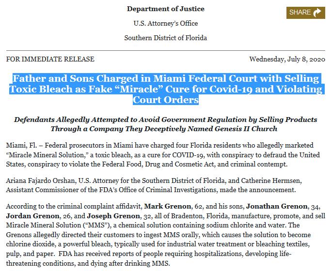  EE. UU. acusa de conspiración a vendedores del tóxico MMS como falsa cura de COVID-19