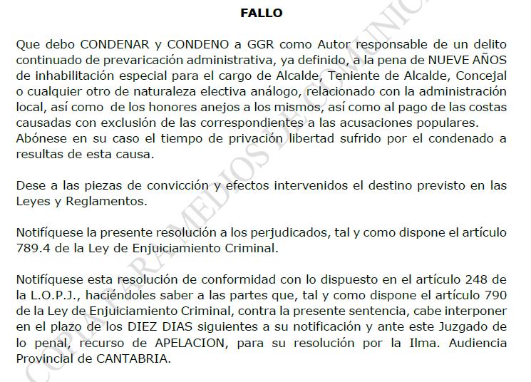 El Juzgado de lo Penal condena al alcalde de Santa María de Cayón a nueve años de inhabilitación por prevaricación
