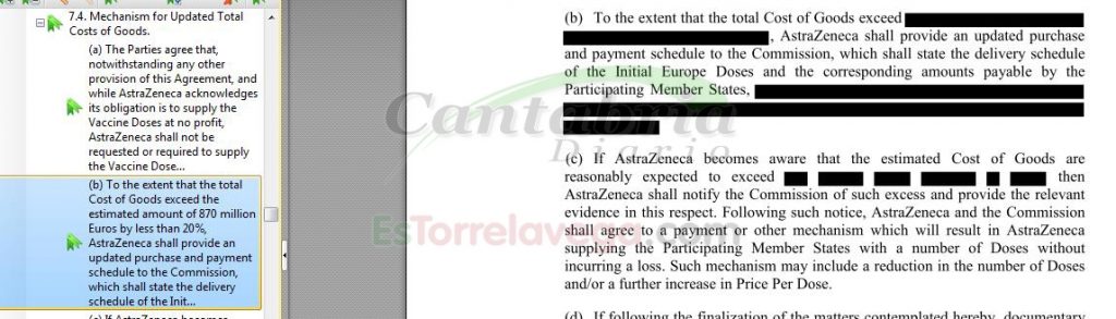 Captura de pantalla con el precio censurado del acuerdo entre la UE y AstraZeneca