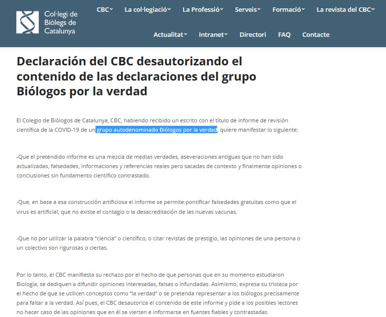  El Colegio de Biólogos de Cataluña desautoriza las afirmaciones del colectivo negacionista «Biólogos por la verdad»