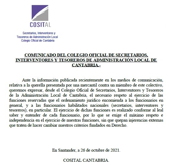 El Colegio Oficial de Secretarios, Interventores y Tesoreros exige 'respeto' a los profesionales tras la denuncia de ASCAN contra el Interventor de Santander