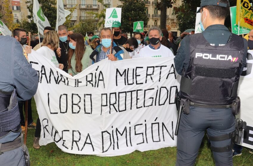 En la imagen ganaderos protestan durante una visita de Pedro Sánchez a Santander - (C) Foto: David Laguillo