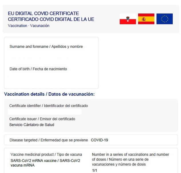 En la imagen el certificado COVID-19 digital de la UE