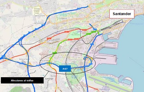 Las noches del 16 al 18 de febrero habrá cortes de tráfico en la A-67, entre el enlace de Primero de Mayo y la Ciudad del Transportista