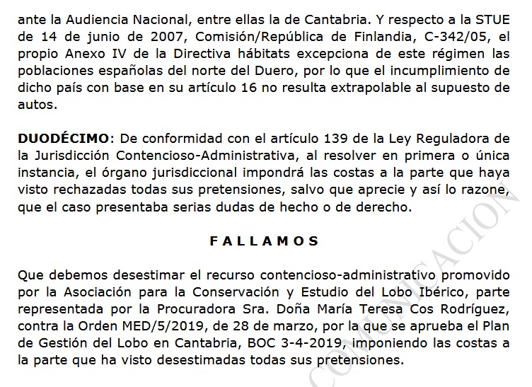 Desestimado el recurso de la Asociación para la Conservación del Lobo contra el Plan de Gestión de Cantabria de 2019
