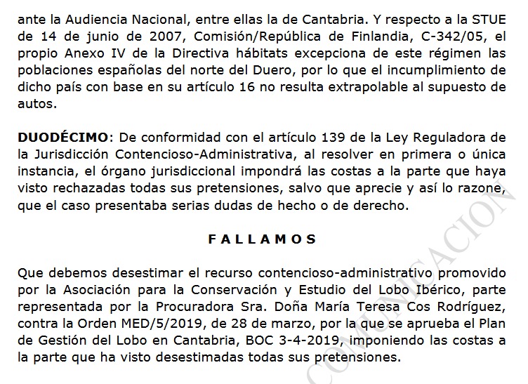 Desestimado el recurso de la Asociación para la Conservación del Lobo contra el Plan de Gestión de Cantabria de 2019