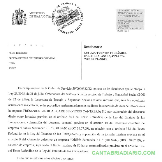La Inspección de Trabajo detecta excesos de jornada laboral y vulneración del descanso en el servicio de diálisis de Cantabria