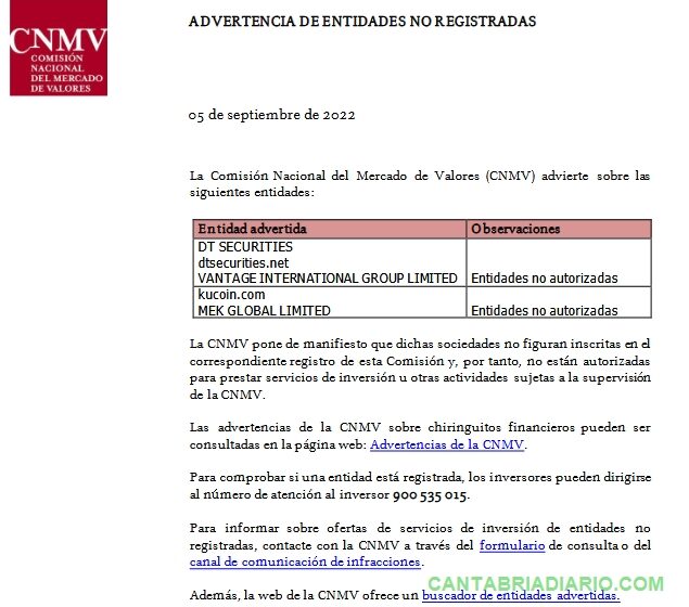  La CNMV lanza una advertencia sobre Kucoin, un agente intermediario que convierte dinero real en criptomonedas