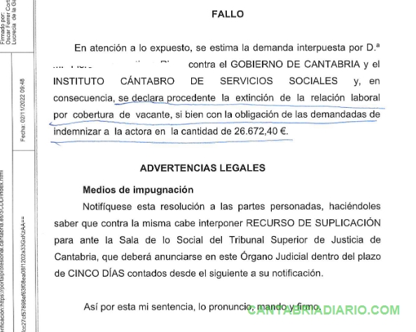  La Justicia condena al Gobierno de Cantabria y al ICASS a indemnizar a una trabajadora con más de 26.600 euros