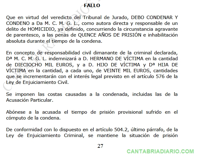 Condenada a quince años de prisión la mujer que en 2019 acabó con la vida de su pareja en Castro Urdiales