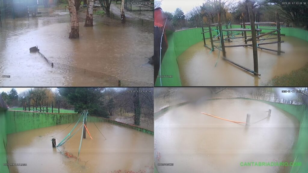 En las imágenes de las cámaras de seguridad, el Zoo de Santillana del Mar inundado este 17 de enero