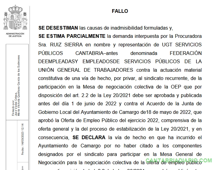 La Justicia condena al Ayuntamiento de Camargo por vulnerar la libertad sindical de UGT